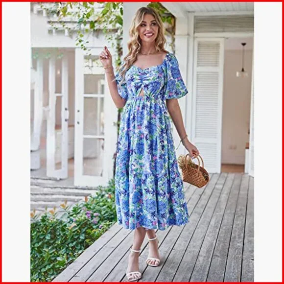 Women's Maxi Dress Boho Floral Smocked Back Short Sleeve Summer Casual - Picture 2 of 7